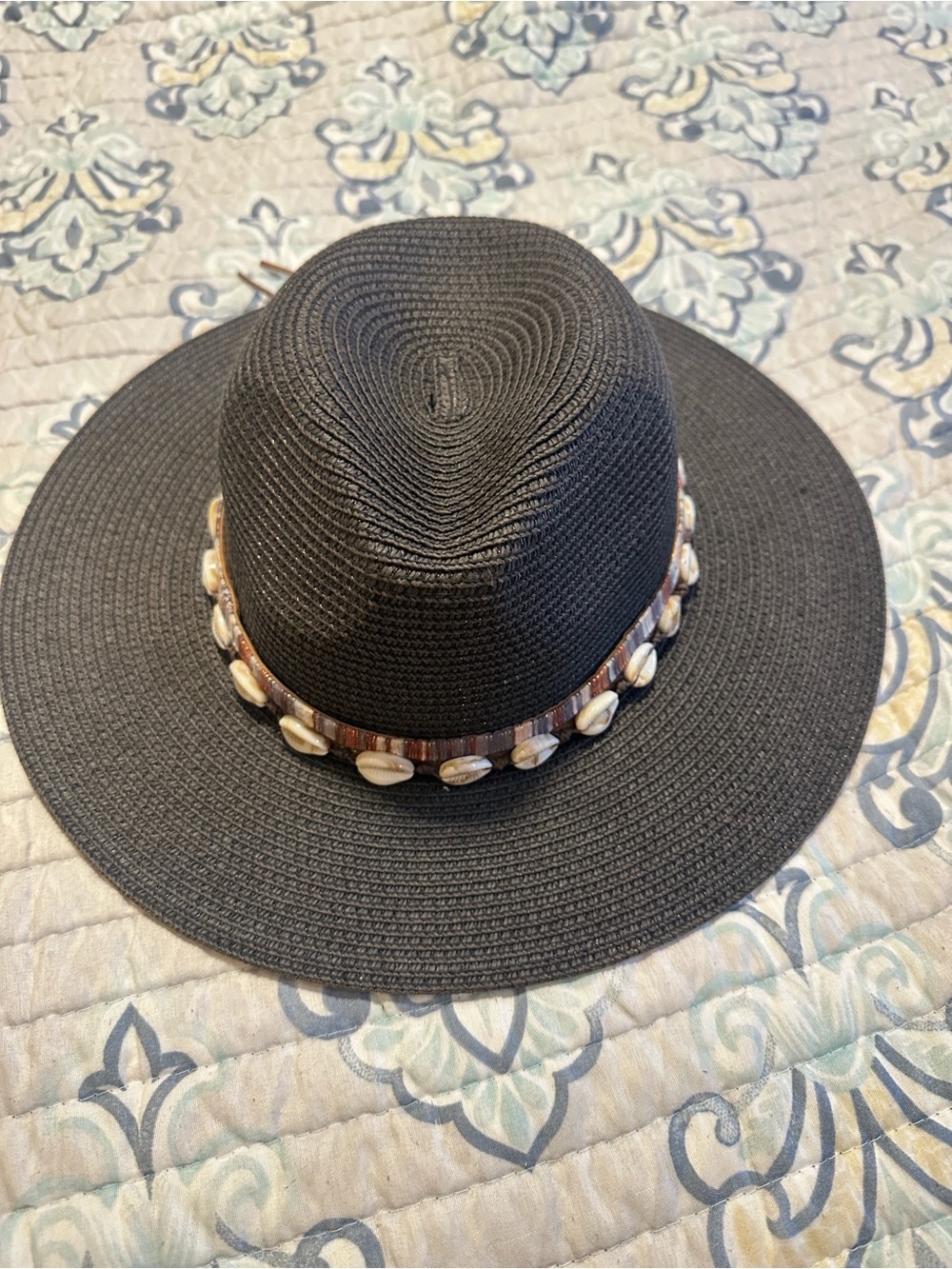 Wide-Brim Black Straw Hat with Shell Band